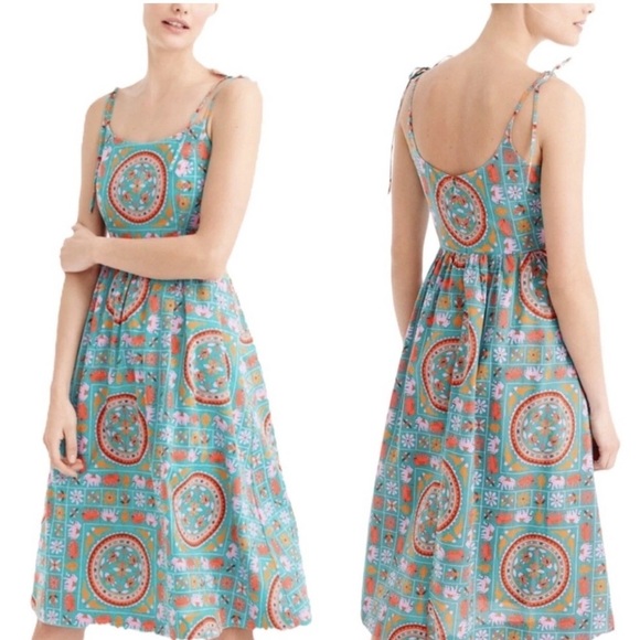 J CREW Drakes London Green Midi Dress Sz 2 Elephant Birds Animal Print Fit Flare - Picture 1 of 13